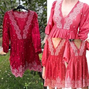 ULLA JOHNSON Clarice Embroidered Eyelet Lace Babydoll Dress, Scarlett - Sz 8